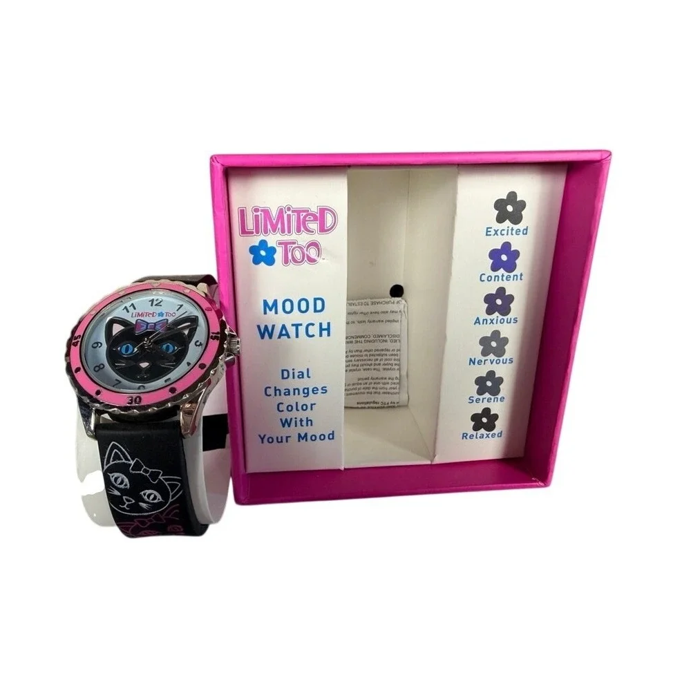 Limited Too Kids Girls Mood Watch‎ Cat Face Color Changing Dial Pink Bezel